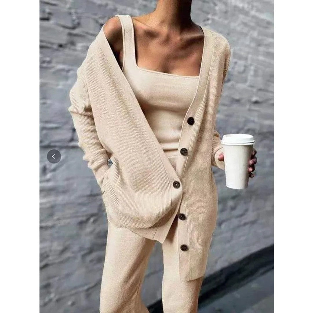 Woman wearing the Adira women's knit set, front view