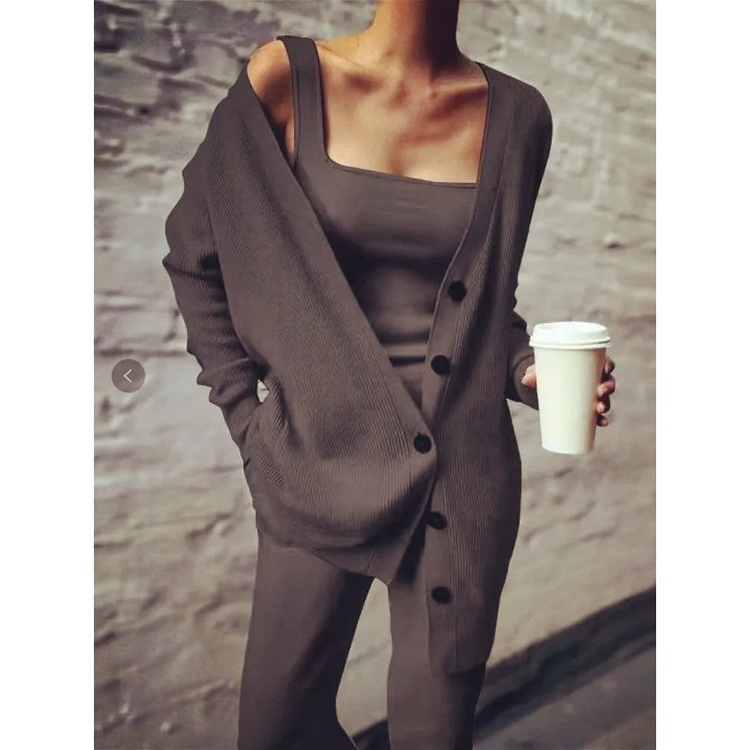 Woman wearing the Adira women's knit set, side view