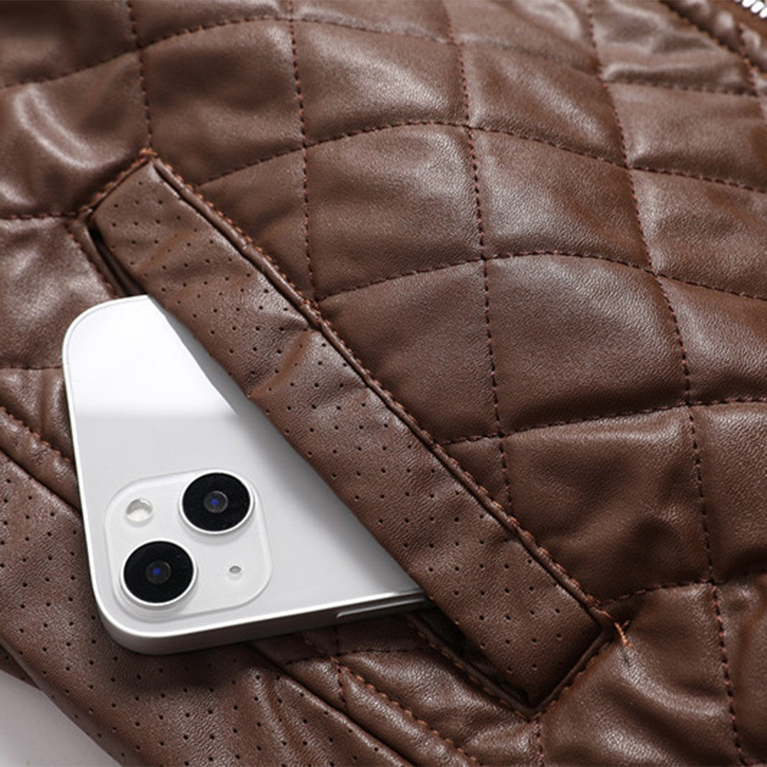 Man wearing the Alaric men's slim-fit leather classic jacket, flatlay view