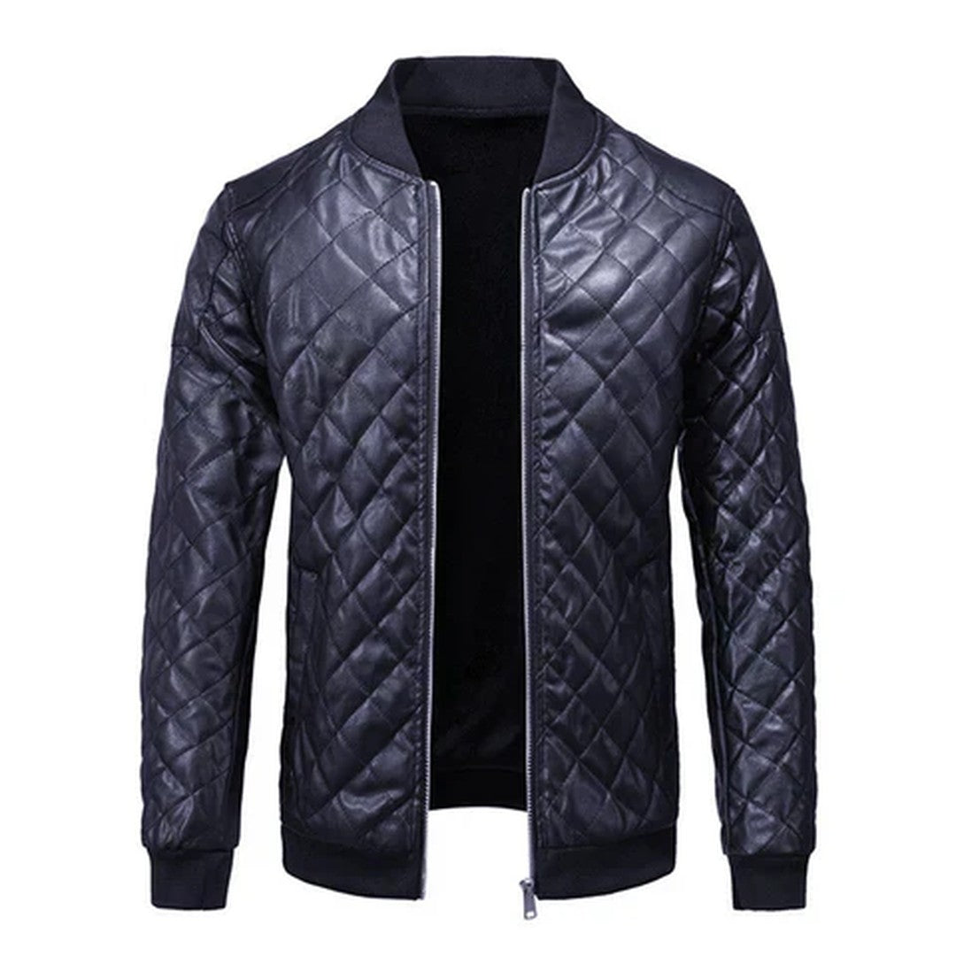 Man wearing the Alaric men's slim-fit leather classic jacket, side view