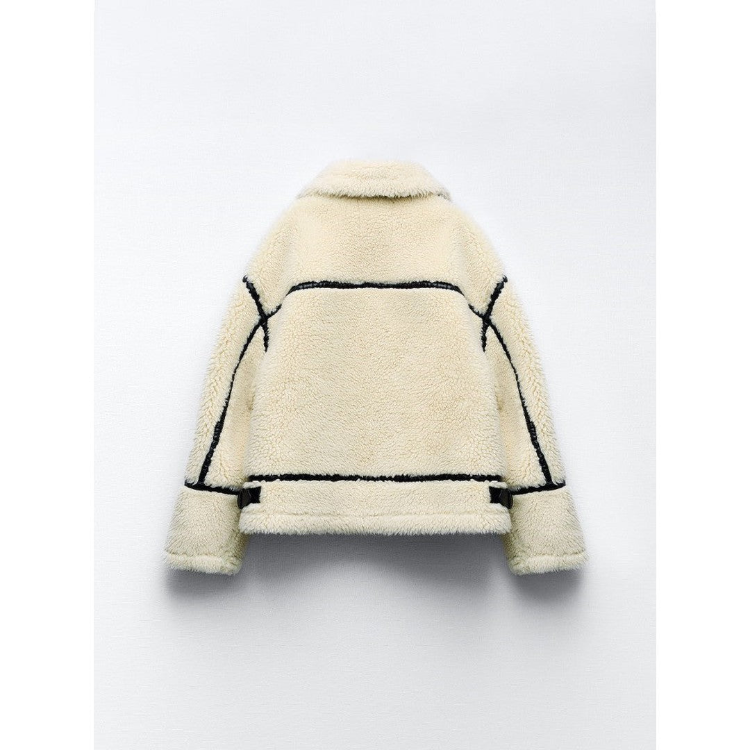 Woman wearing the Amaya women's elegant jacket, back view