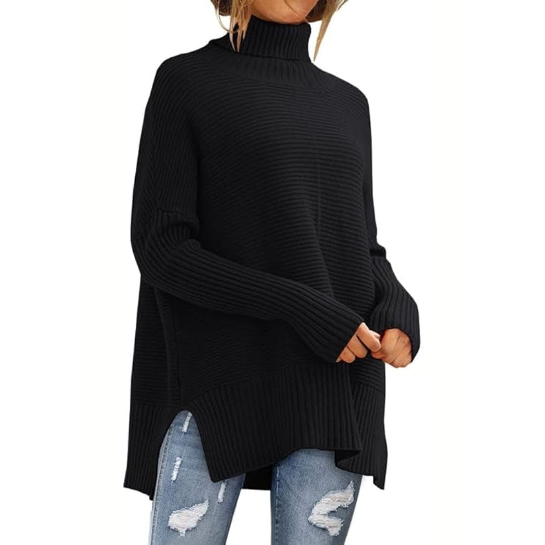 Woman wearing the Anna women's turtleneck elegant sweater, back view