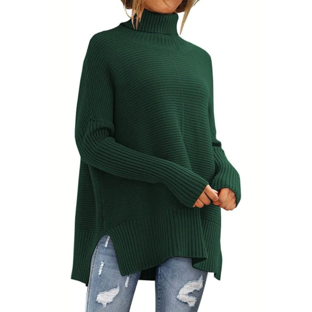 Woman wearing the Anna women's turtleneck elegant sweater, detail view