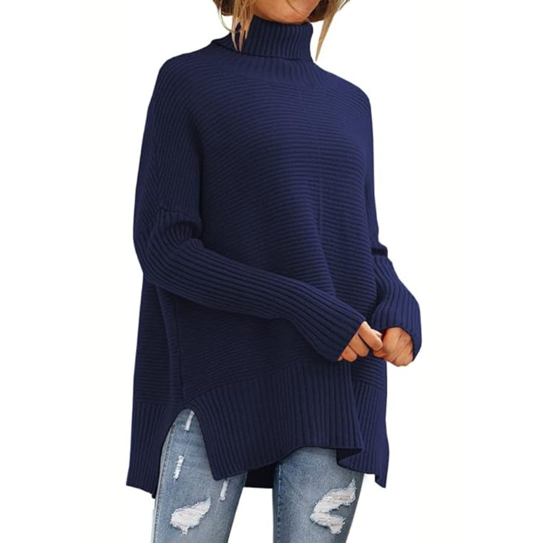 Woman wearing the Anna women's turtleneck elegant sweater, front view