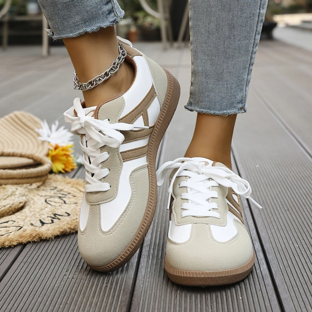 Woman wearing the Annabel women's wide-leg sneakers, front view