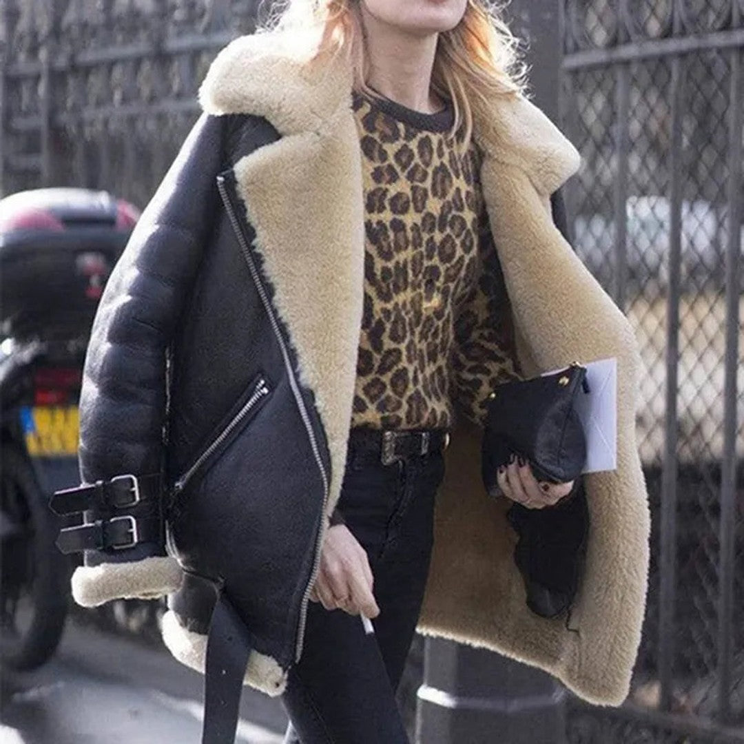 Woman wearing the Antonia women's suede jacket, side view