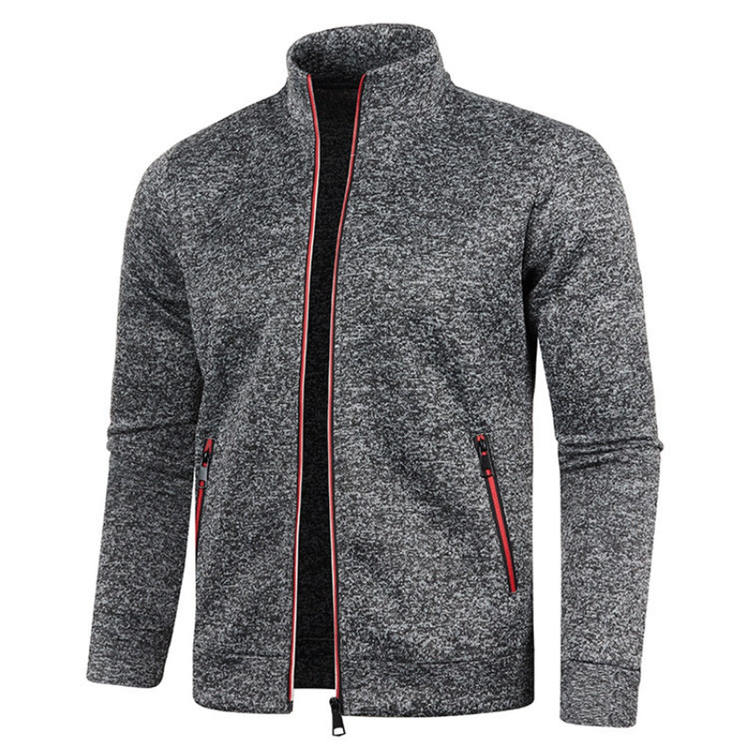 Man wearing the Arlo men's collared knit pocket detail cardigan, detail view