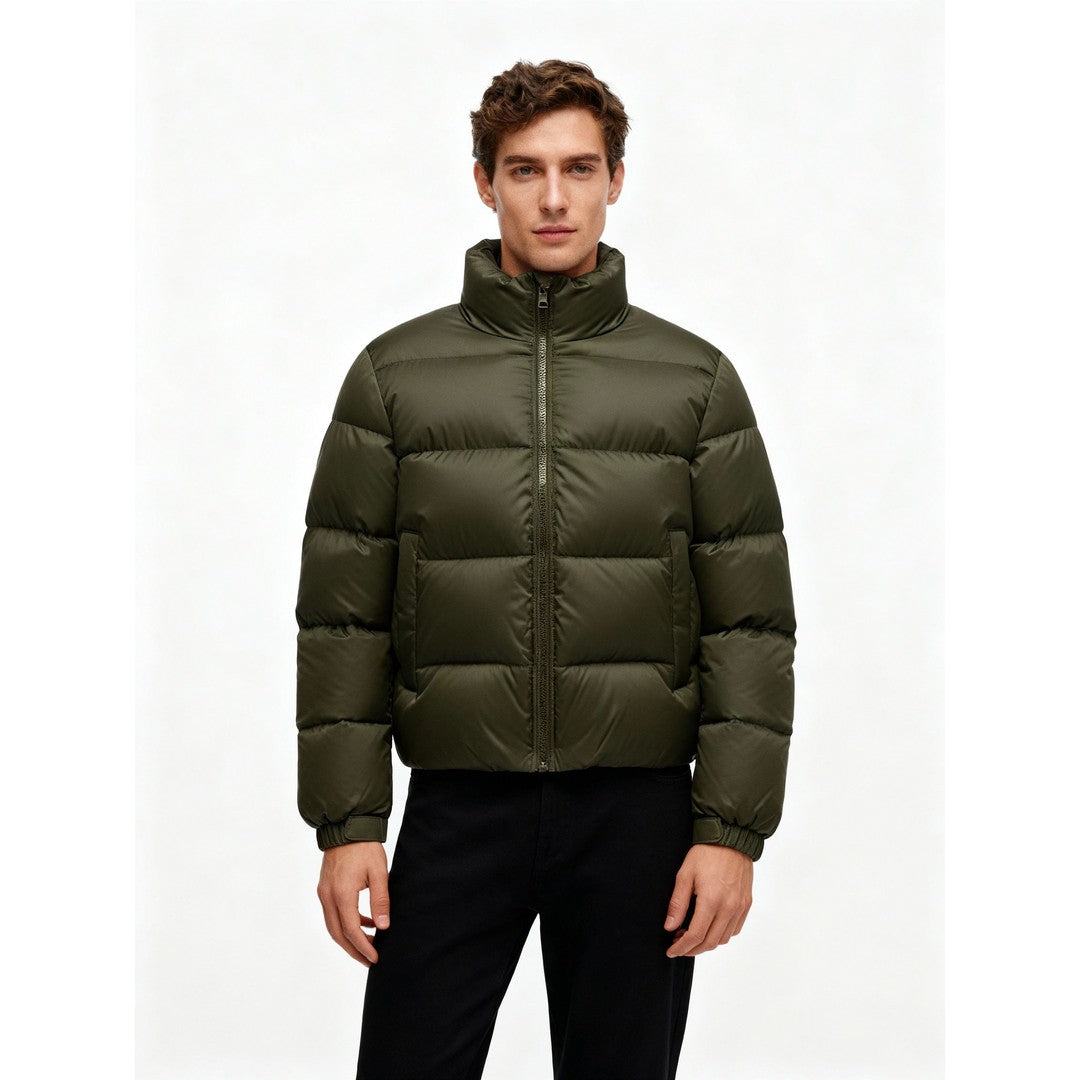 Man wearing the August men's hooded jacket, flatlay view