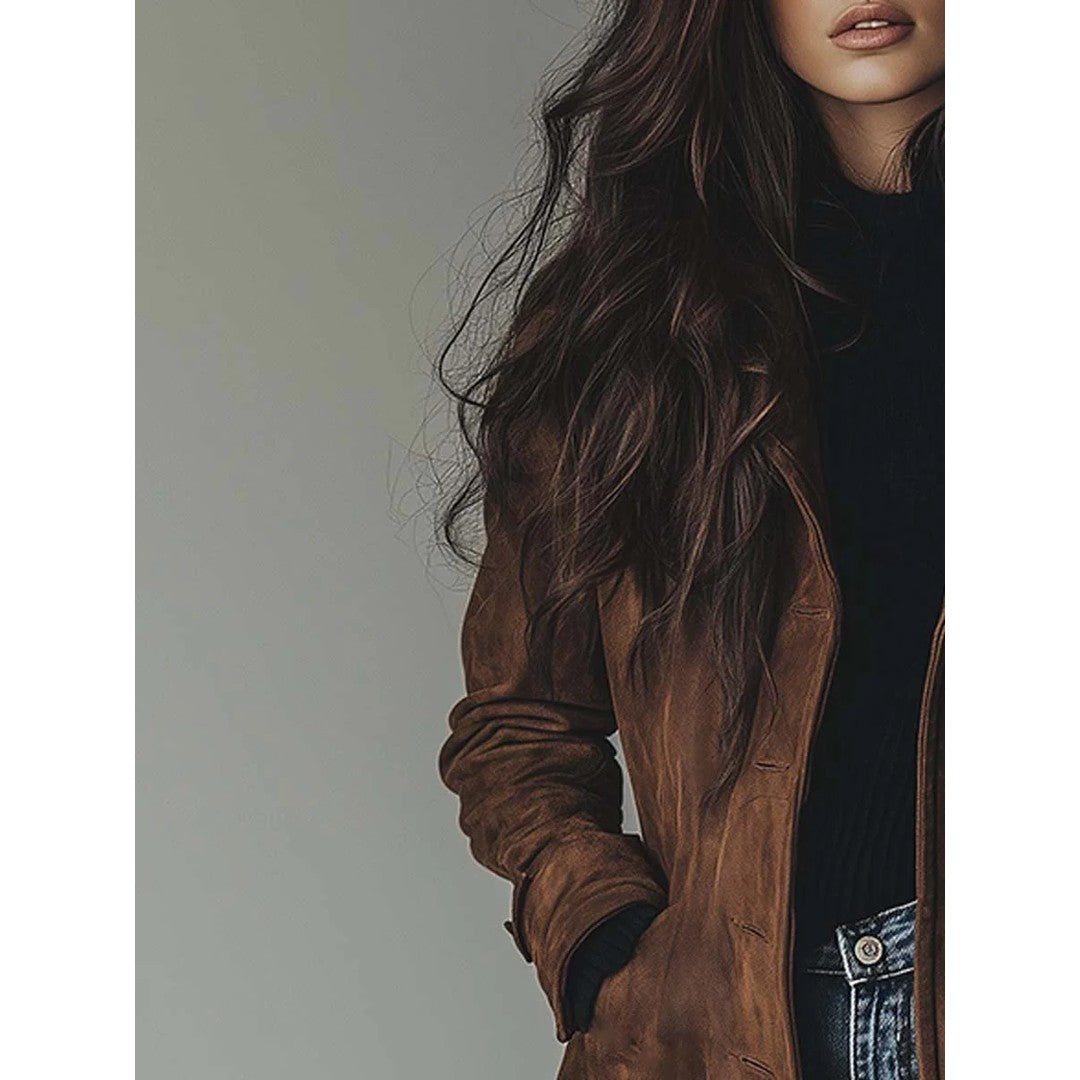 Woman wearing the Autumn women's trench coat, back view