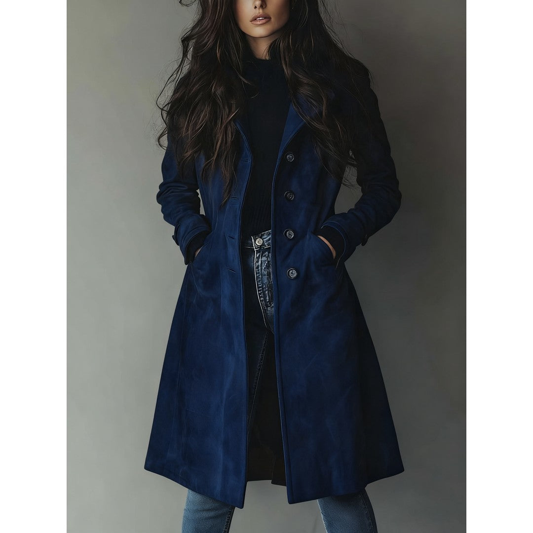 Woman wearing the Autumn women's trench coat, flatlay view