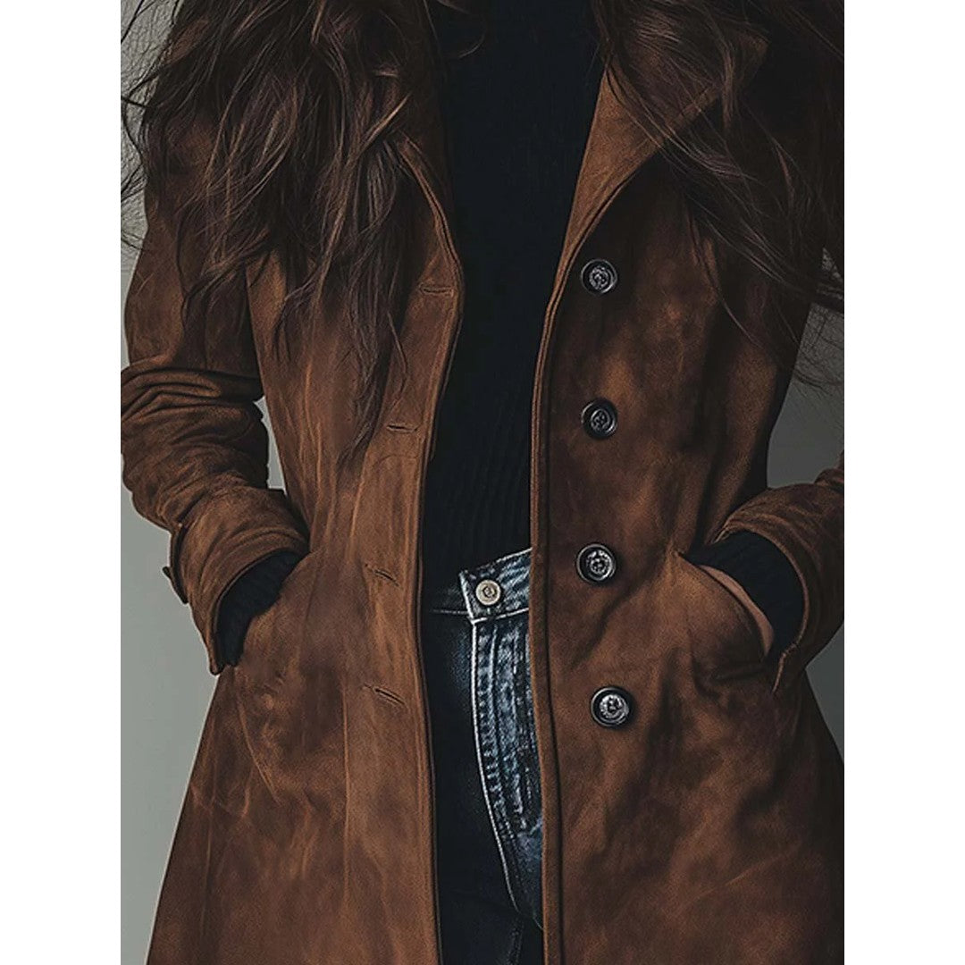 Woman wearing the Autumn women's trench coat, side view