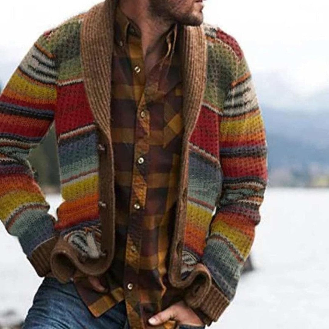 Man wearing the Bennett men's relaxed knit striped cardigan, front view