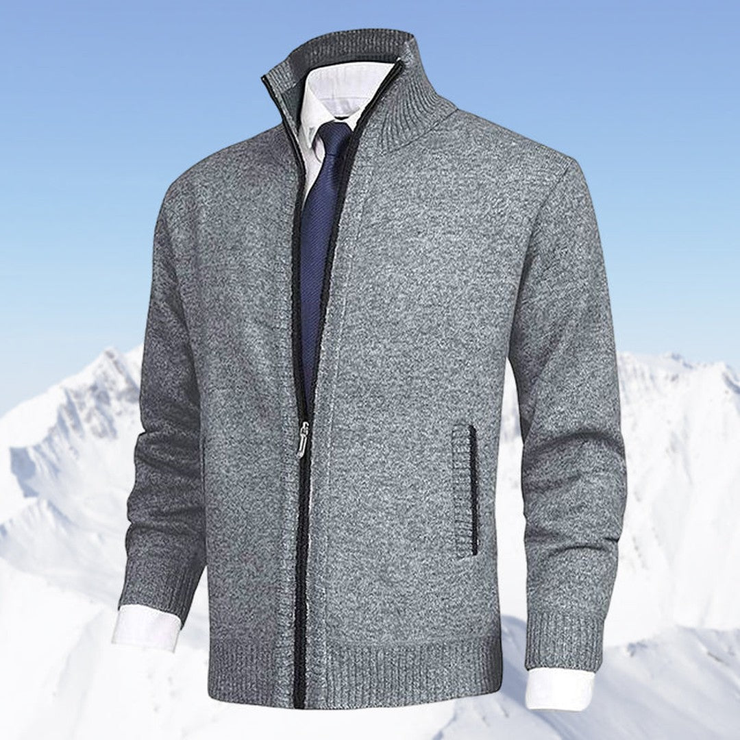 Man wearing the Bodhi men's collared cotton elegant cardigan, flatlay view