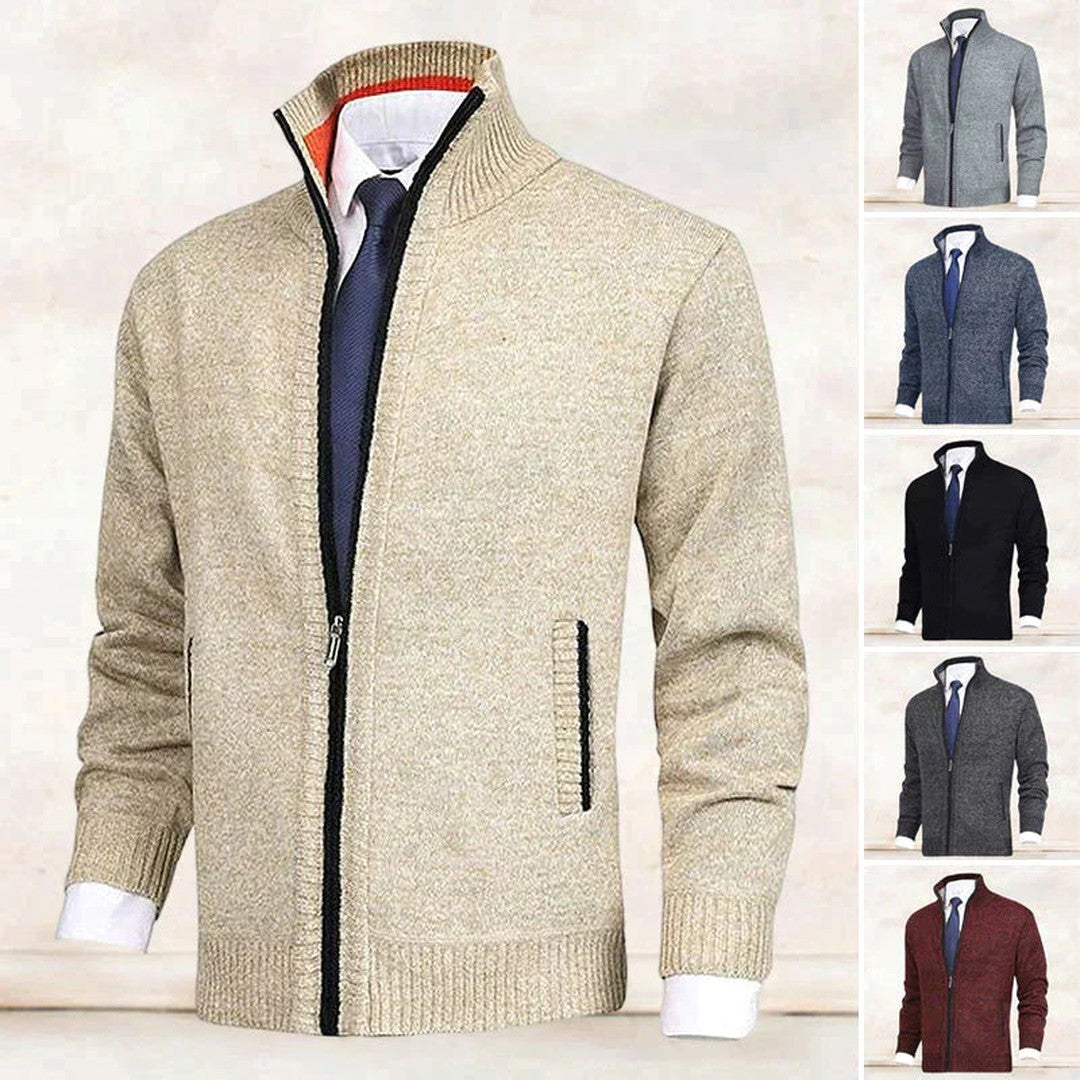 Man wearing the Bodhi men's collared cotton elegant cardigan, front view