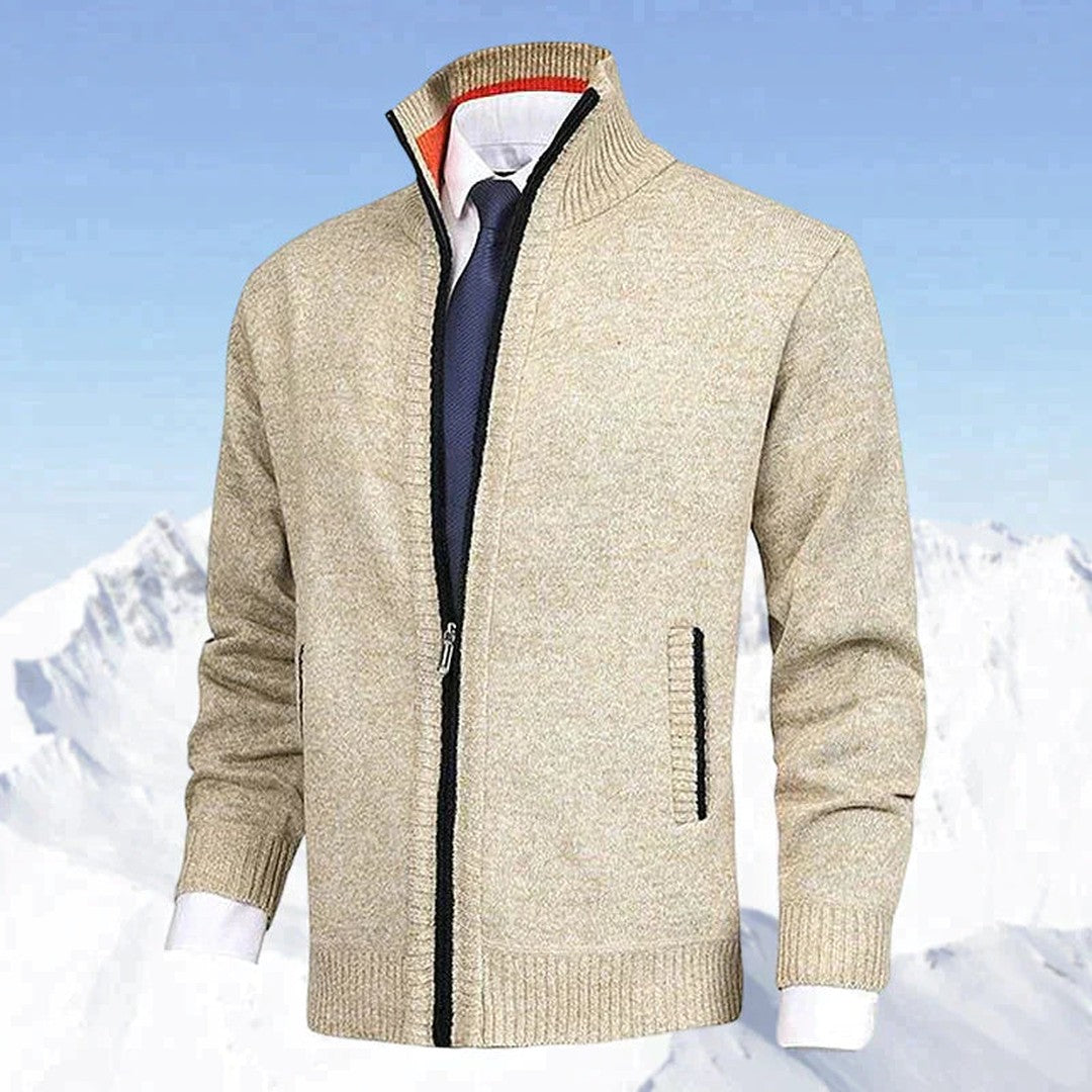 Man wearing the Bodhi men's collared cotton elegant cardigan, side view