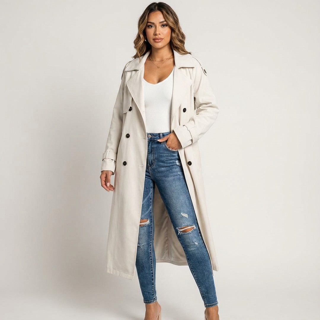 Woman wearing the Bridget women's casual cotton long-sleeve trench coat, detail view
