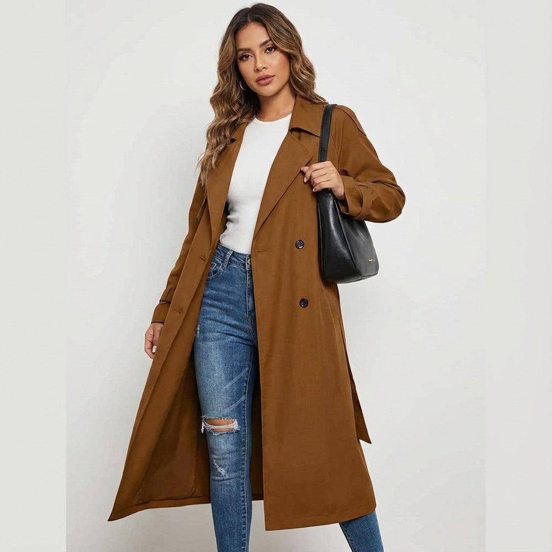 Woman wearing the Bridget women's casual cotton long-sleeve trench coat, flatlay view
