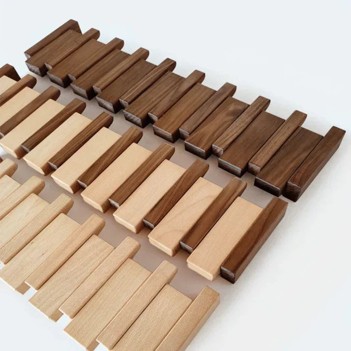 Wooden wall coat rack with fold-away piano key hooks - product photo 4