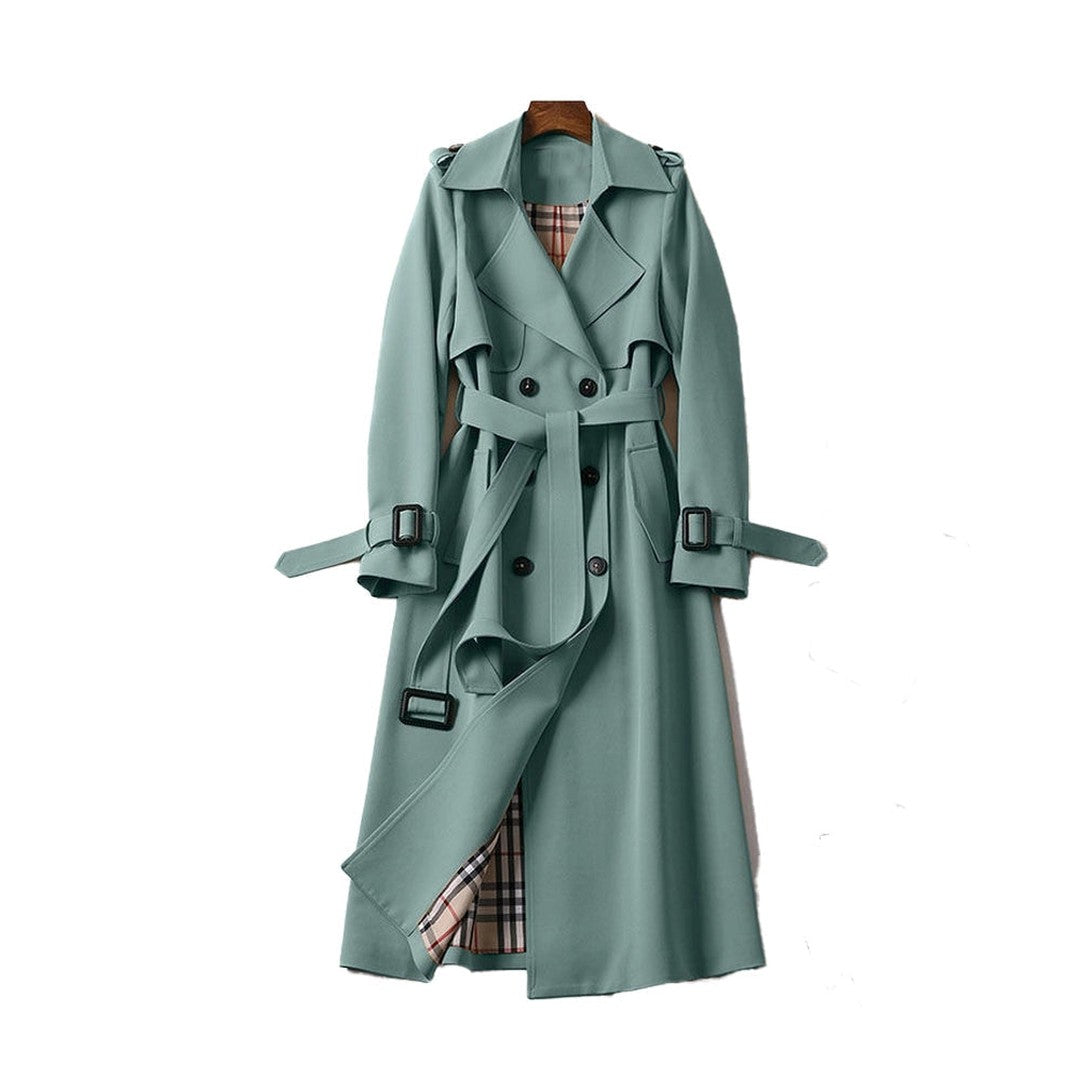 Woman wearing the Cadence women's long-sleeve trench coat, 18 view