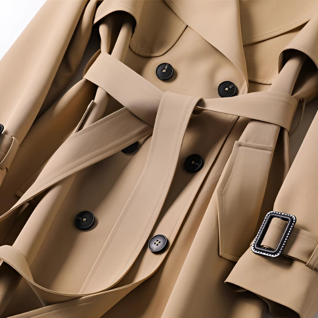 Woman wearing the Cadence women's long-sleeve trench coat, 9 view