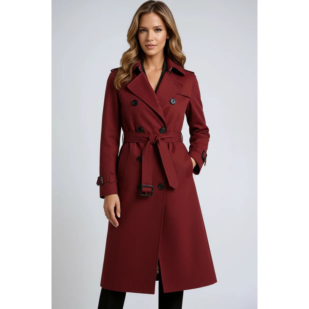 Woman wearing the Cadence women's long-sleeve trench coat, detail view