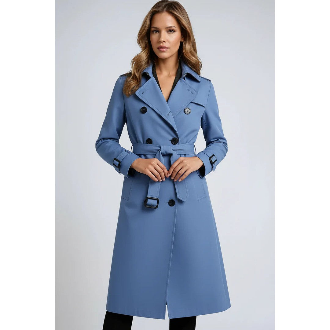 Woman wearing the Cadence women's long-sleeve trench coat, model view