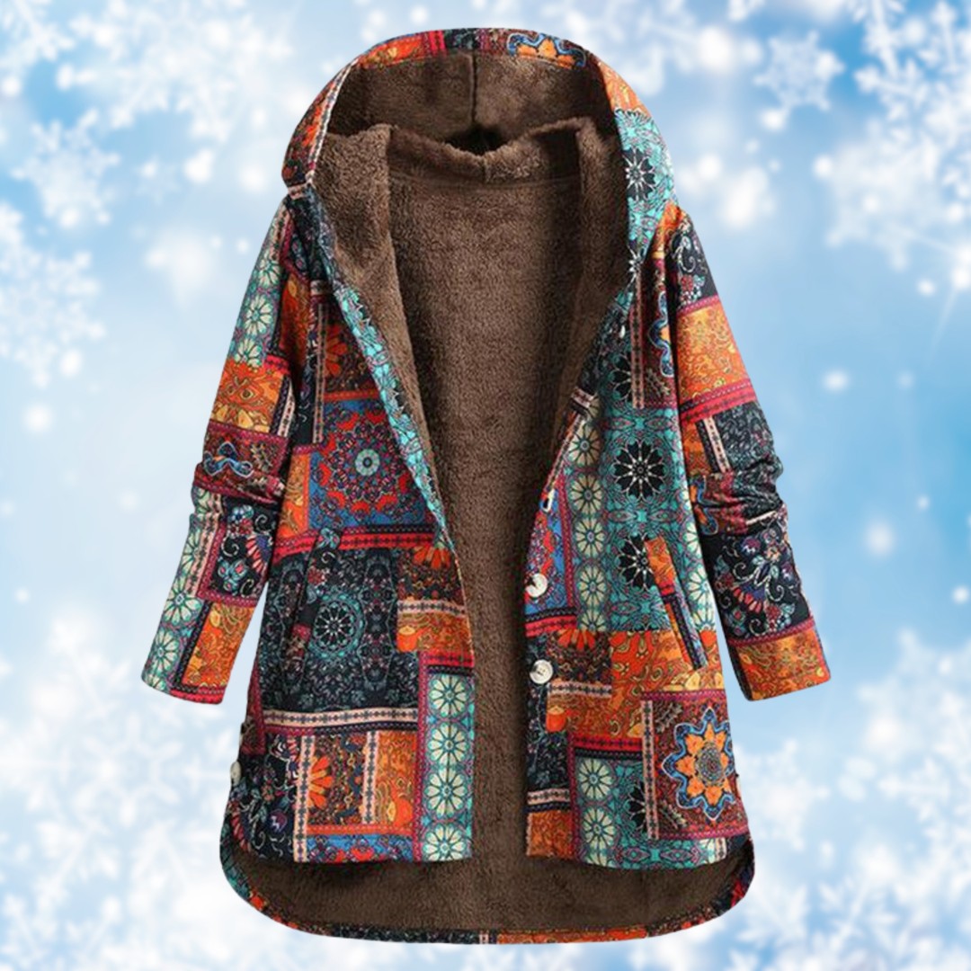 Woman wearing the Calla women's hooded jacket, detail view