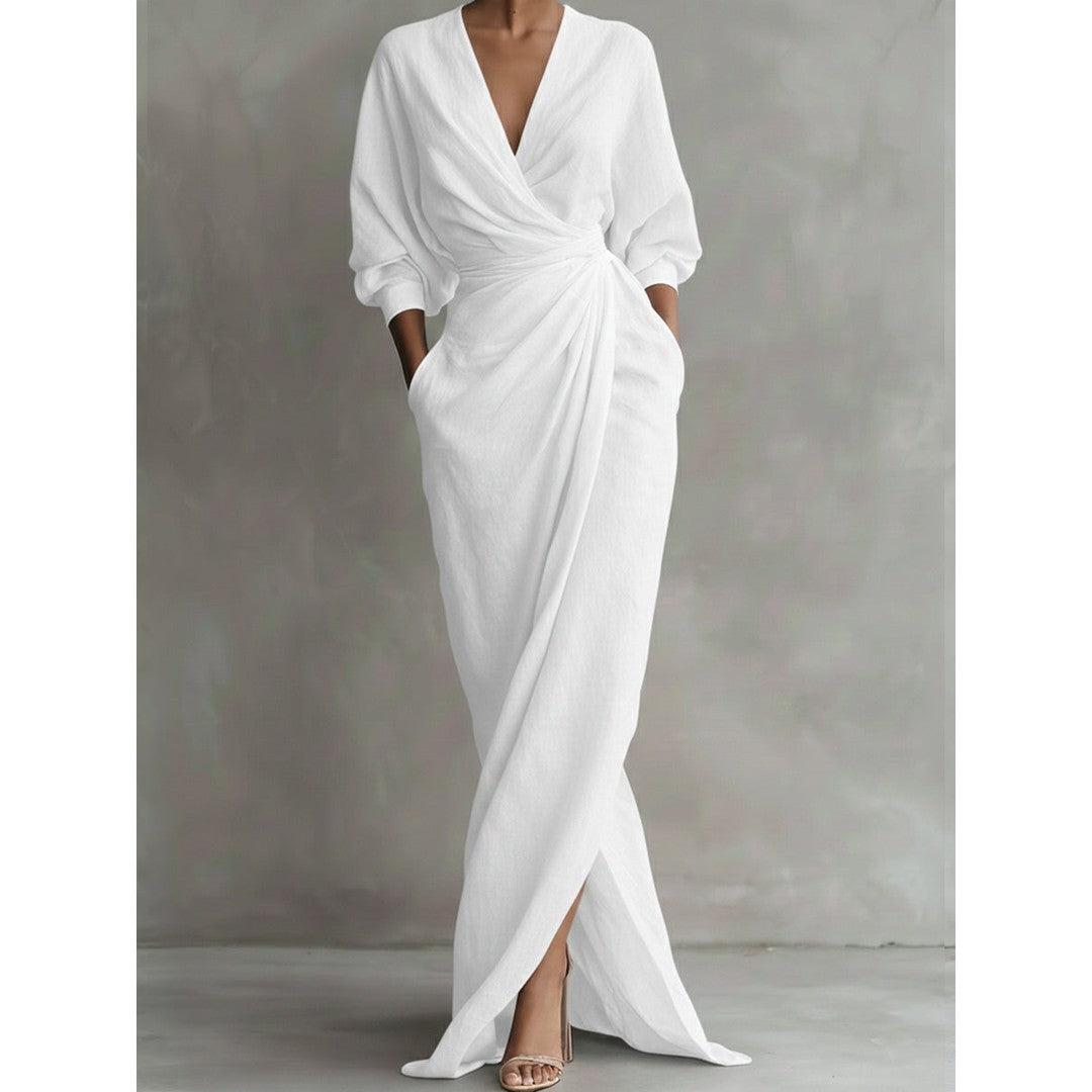 Woman wearing the Camila women's chic dress, detail view