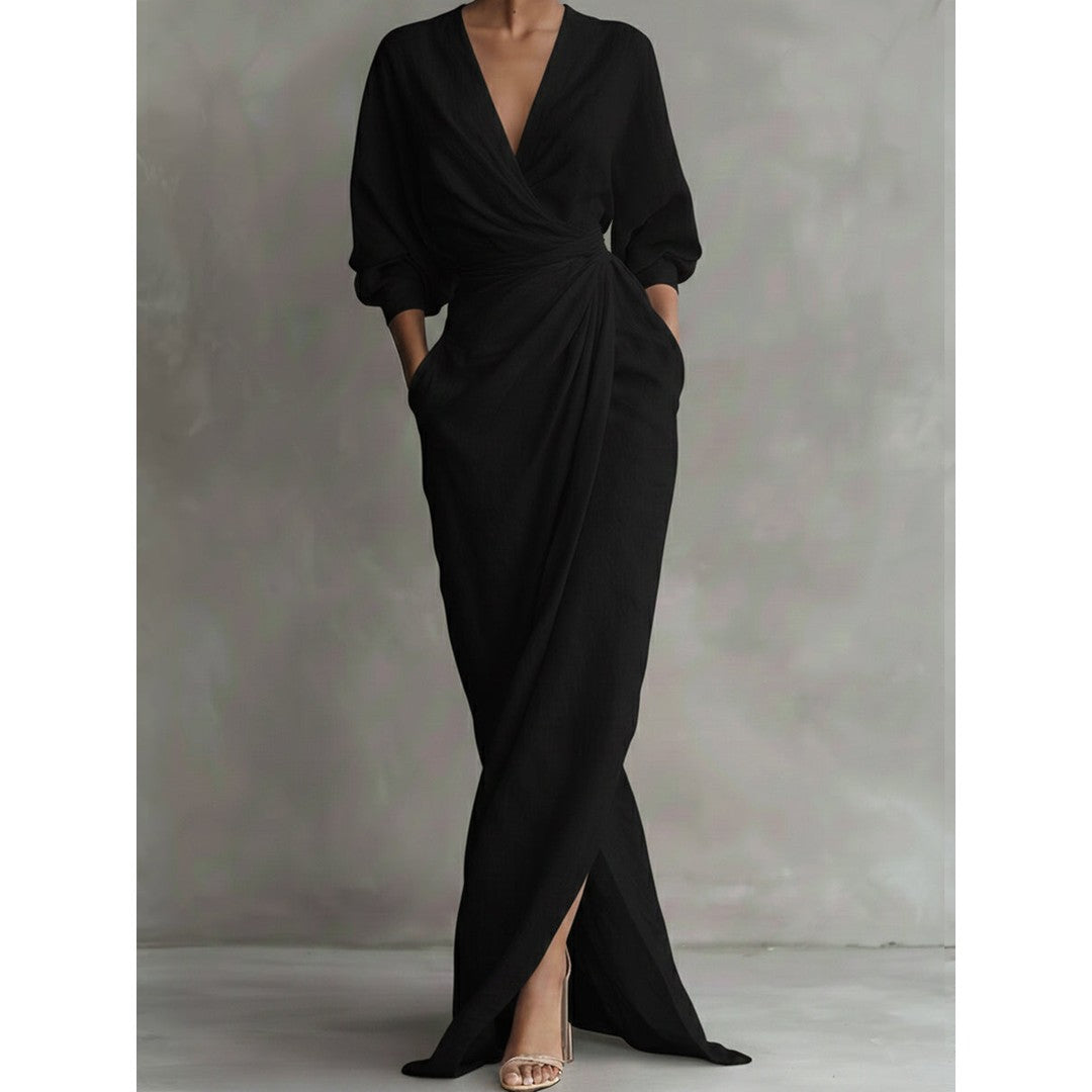 Woman wearing the Camila women's chic dress, model view