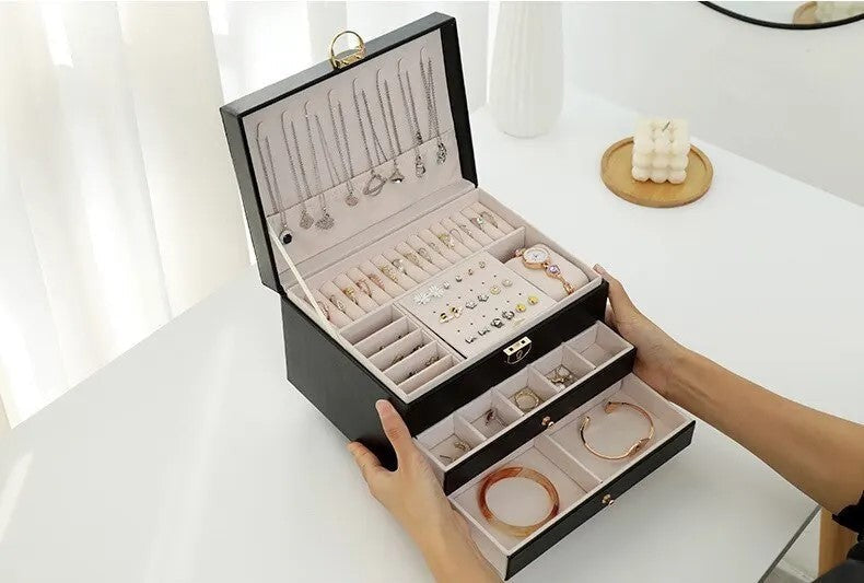 Three-tier jewelry box organizer with a leather-look exterior - product photo 10