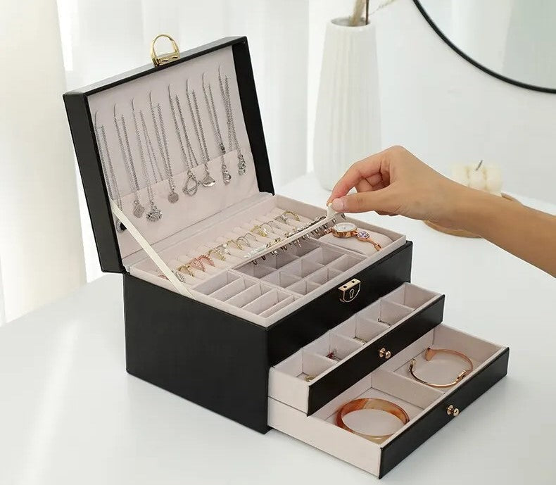 Three-tier jewelry box organizer with a leather-look exterior - product photo 9