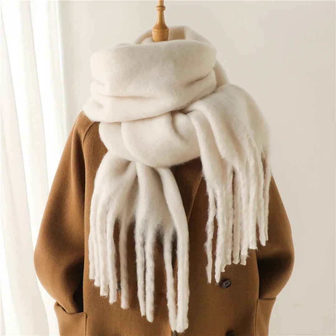 Woman wearing the Carmela women's scarf, front view