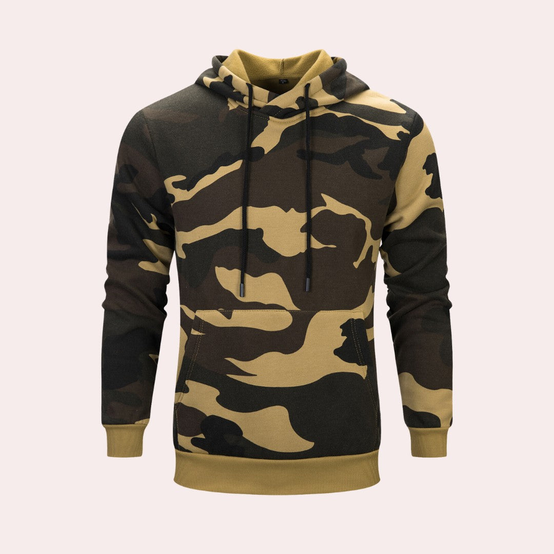 Man wearing the Carter men's hoodie, detail view