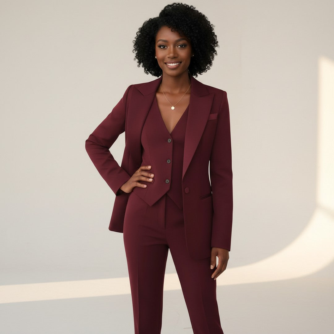 Woman wearing the Clarissa women's tailored set, side view