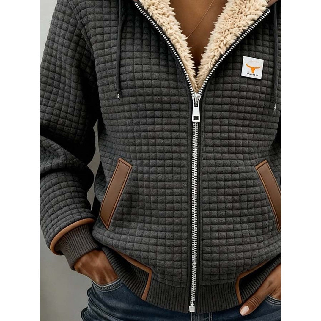 Woman wearing the Danica women's fleece jacket, side view