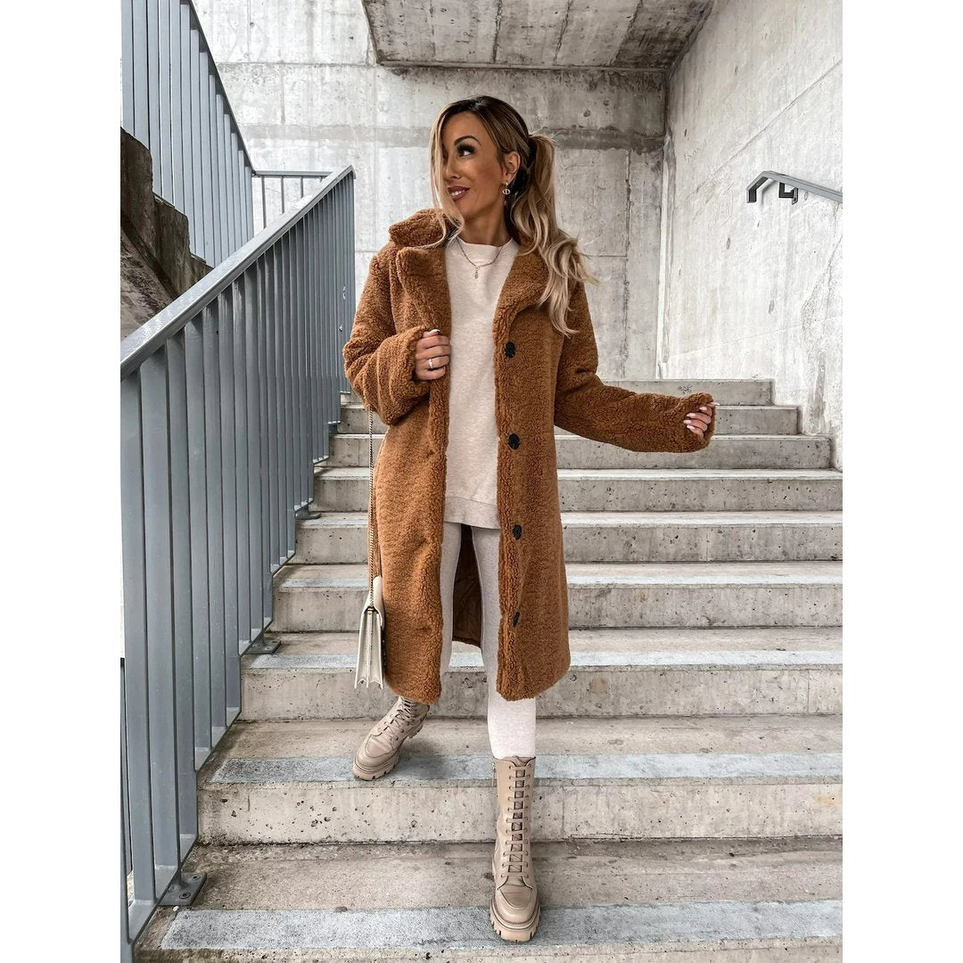 Woman wearing the Daphne women's coat, flatlay view