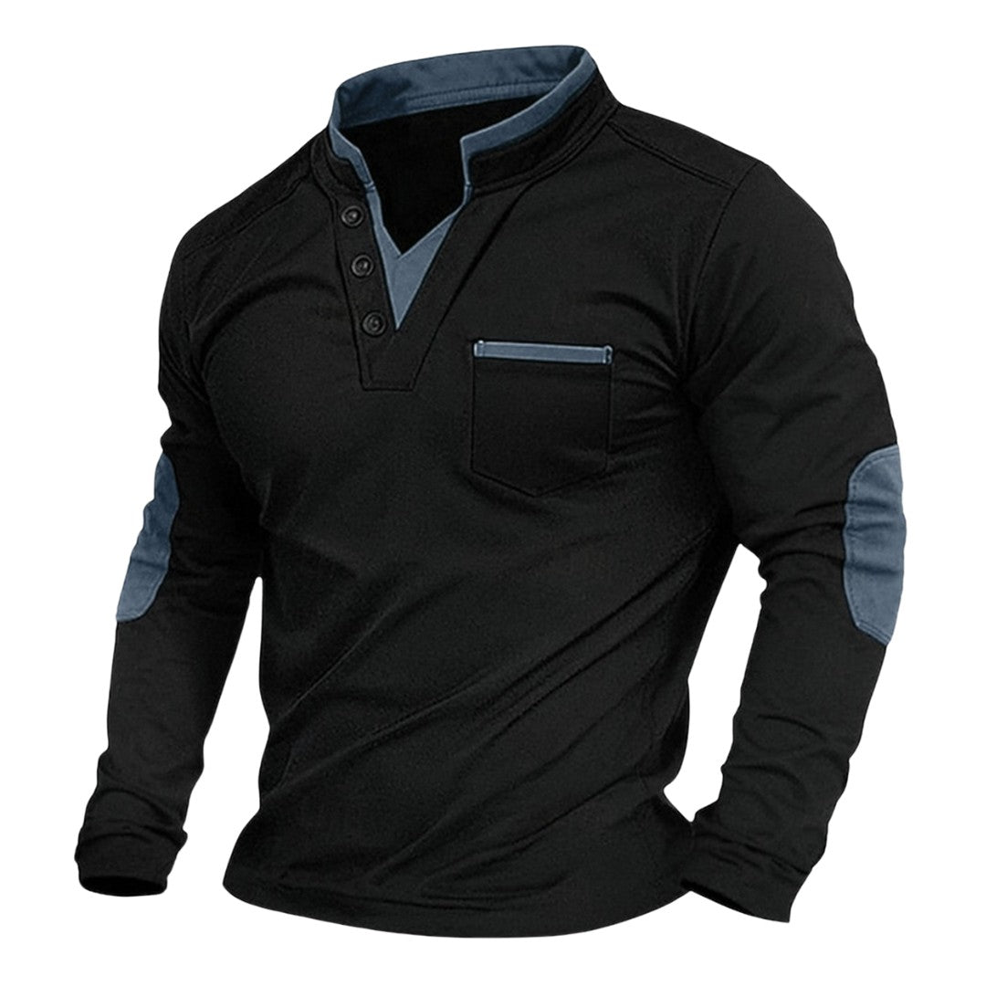 Man wearing the Dario men's v-neck classic sweater, detail view