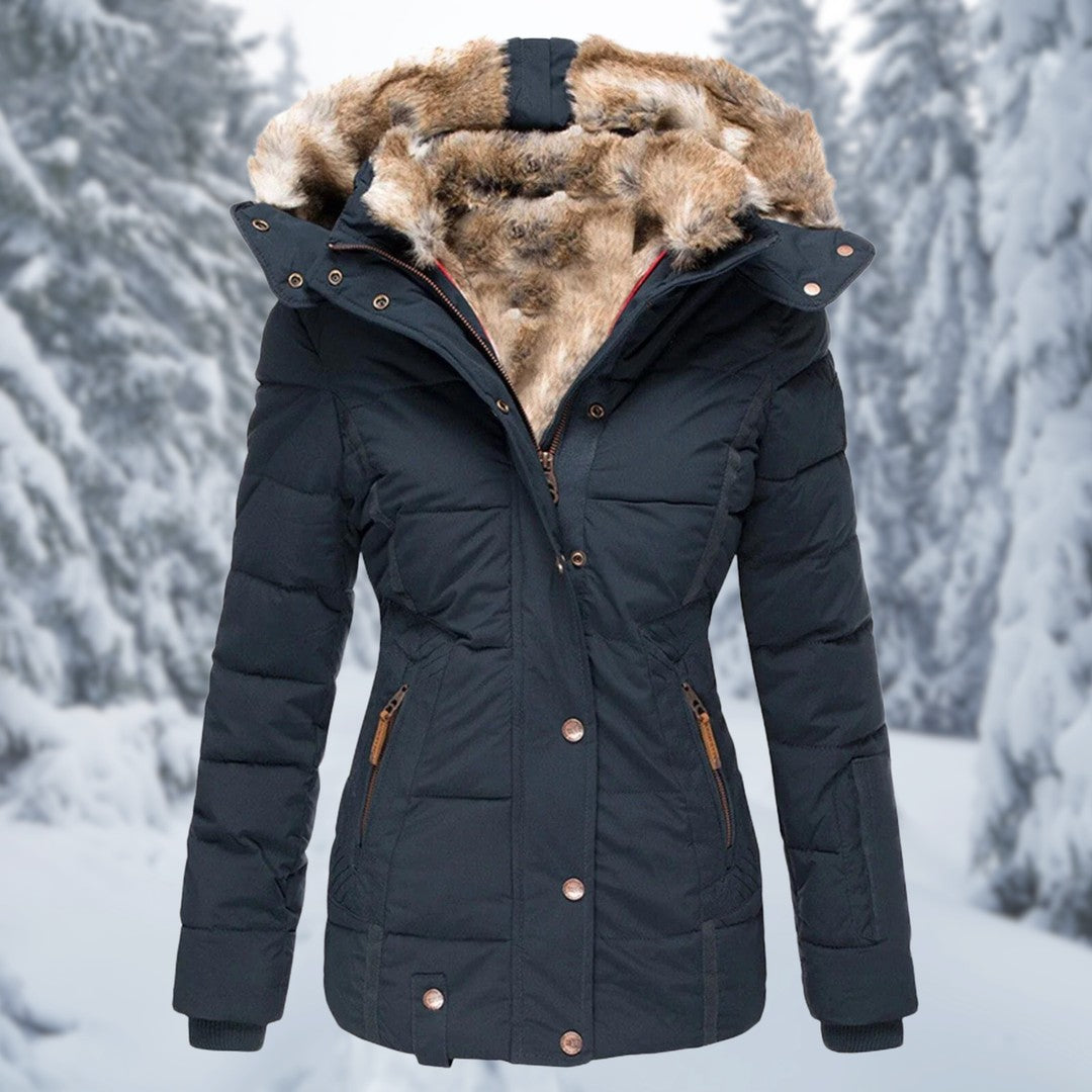 Woman wearing the Della women's elegant jacket, flatlay view