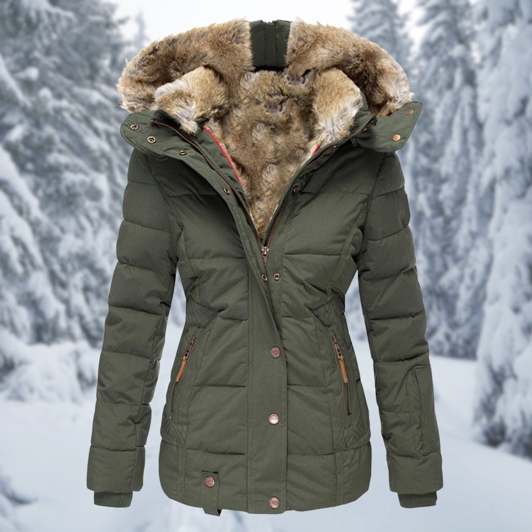 Woman wearing the Della women's elegant jacket, model view