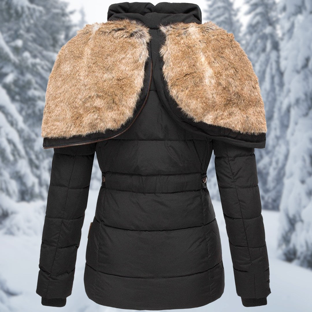 Woman wearing the Della women's elegant jacket, side view