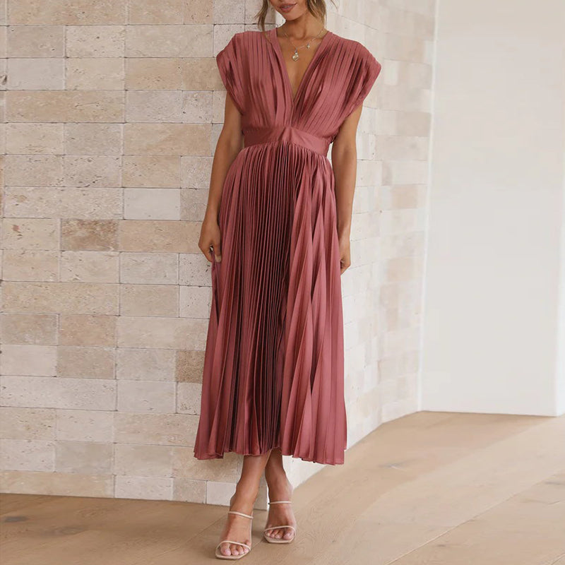 Elena | Women's Pleated V-Neck Flowing Midi Dress