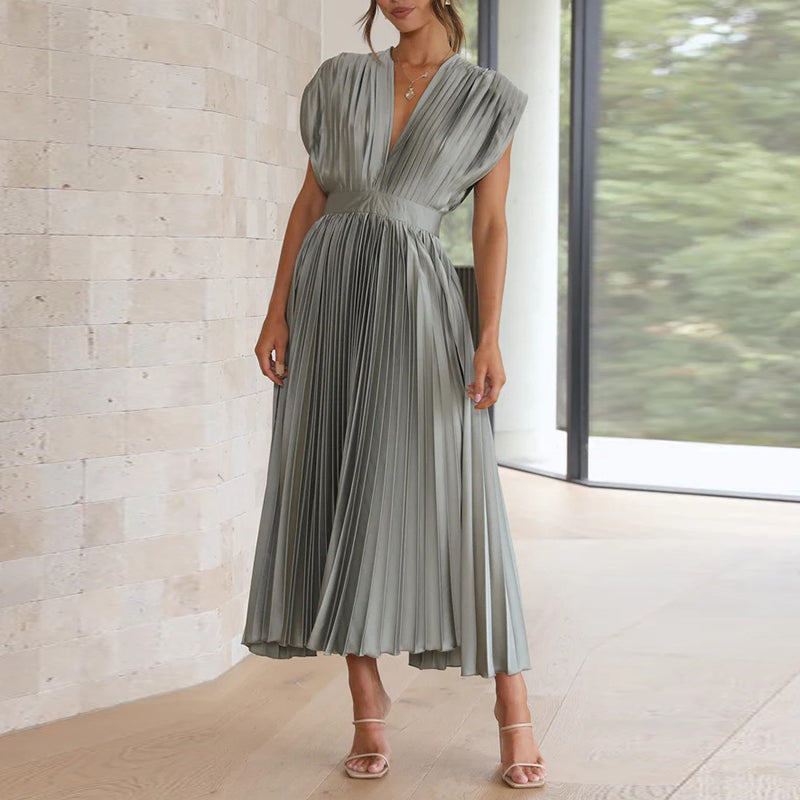 Elena | Women's Pleated V-Neck Flowing Midi Dress