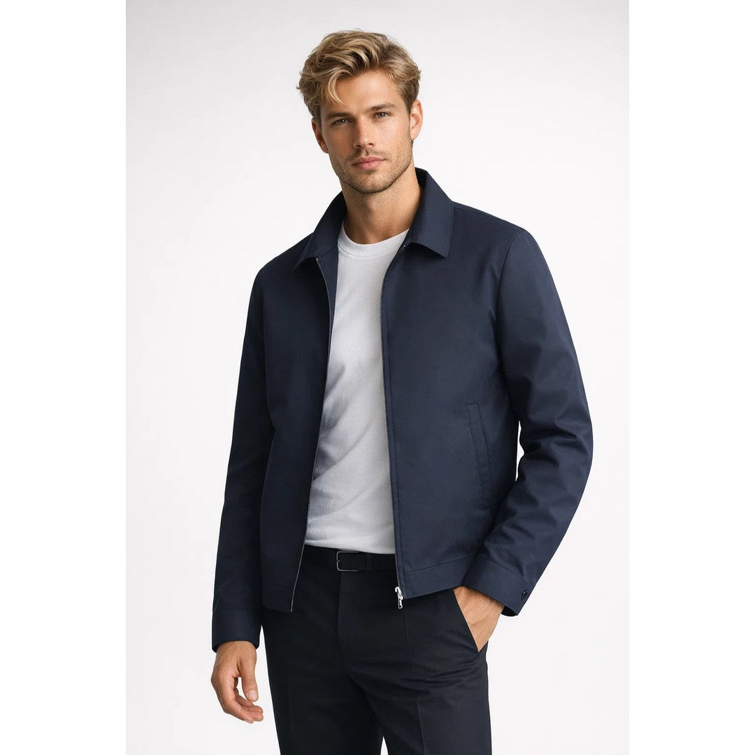 Man wearing the Diego men's slim-fit collared zip-up jacket, side view