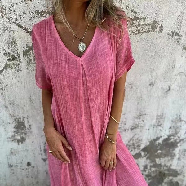 Sienna | Women's Relaxed V-Neck Short Sleeve Midi Dress