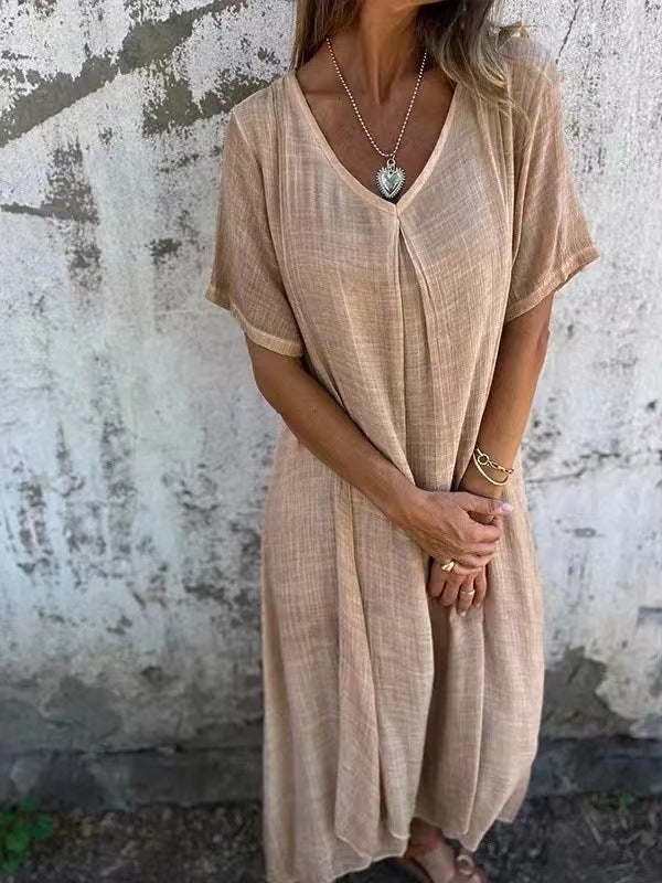 Sienna | Women's Relaxed V-Neck Short Sleeve Midi Dress
