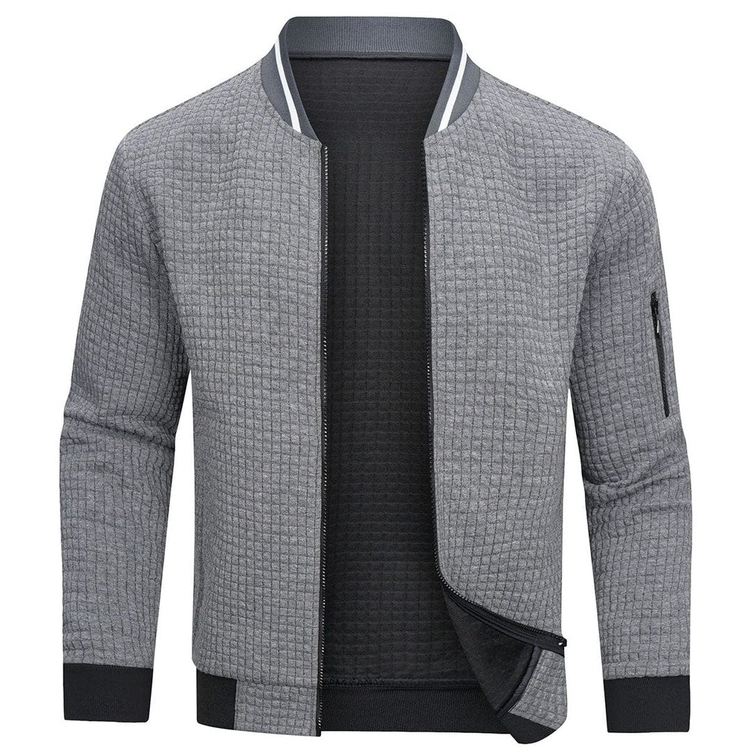 Man wearing the Dylan men's zip-up sweater, side view