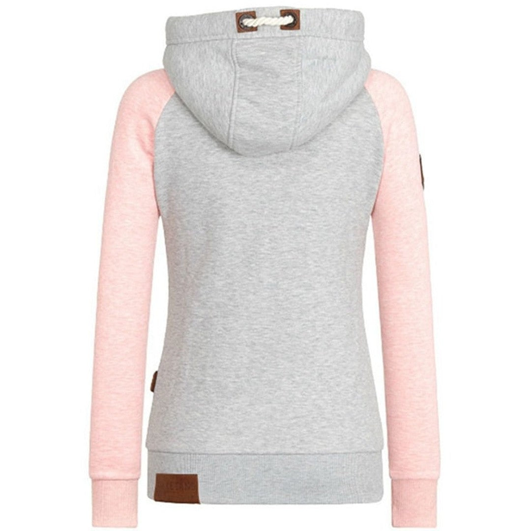 Woman wearing the Effie women's zip-up hoodie, back view