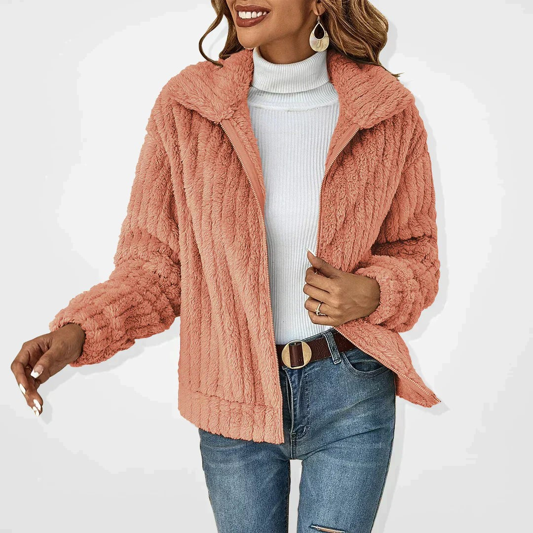 Woman wearing the Eira women's knit cardigan, detail view