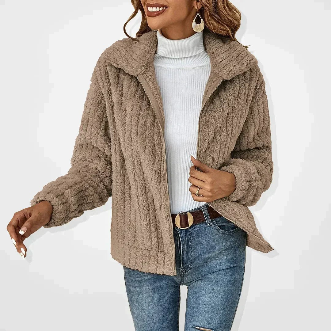 Woman wearing the Eira women's knit cardigan, model view