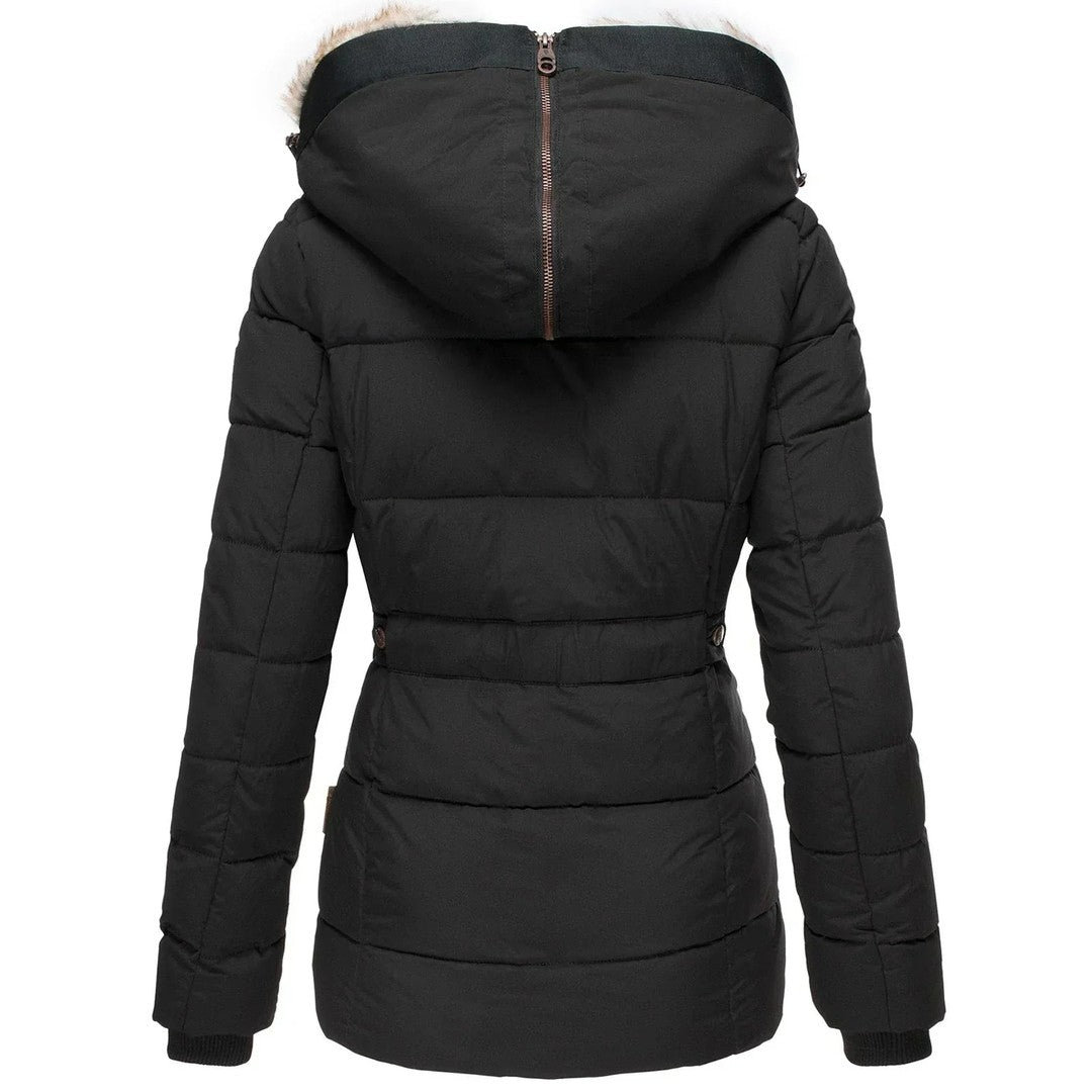 Woman wearing the Elara women's jacket, back view